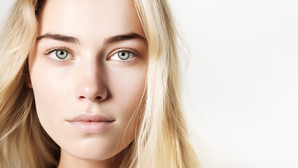 Fototapeta premium Beautiful young girl with perfect skin on a light background. Empty place. Beauty banner.