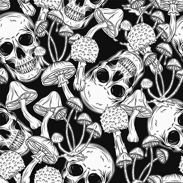 Pattern with human skull, mushrooms. Concept of madness and craziness. Surreal illustration for groovy, hippie, mystical, psychedelic design. Black background