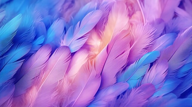Generative AI : Background gentle airy texture of light feather with water drops macro Tinted blue pink and purple pastel colour Elegant romantic artistic image