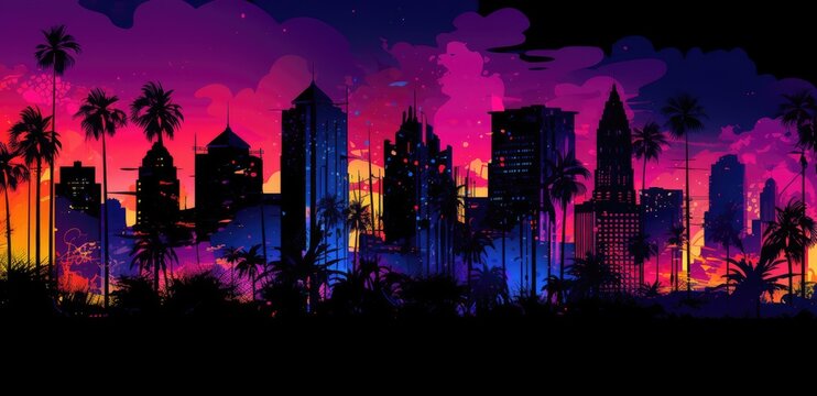 Night city view with dark magenta and neon sky, palm trees.