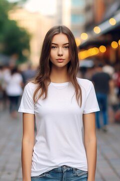 Generative AI : Beautiful cute girl with long dark hair smiling and looking at camera on city street Fashionable stylish image