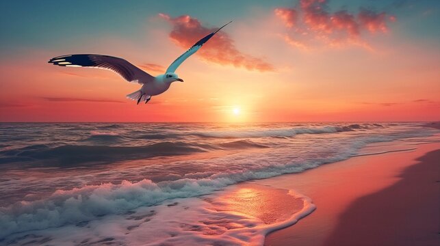 Generative AI : A seagull is flying in the sky above the sea at dawn Beautiful sky with clouds at sunset