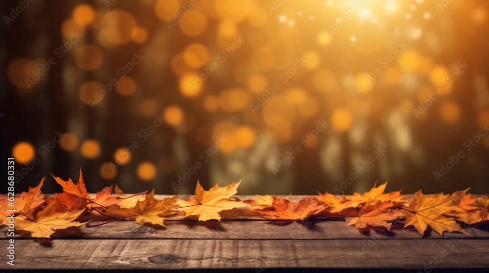 Poster Generative AI : Beautiful autumn nature background with carpet of orange and yellow fallen maple leaves in sunlight Autumn landscape with blurry defocused forest in background