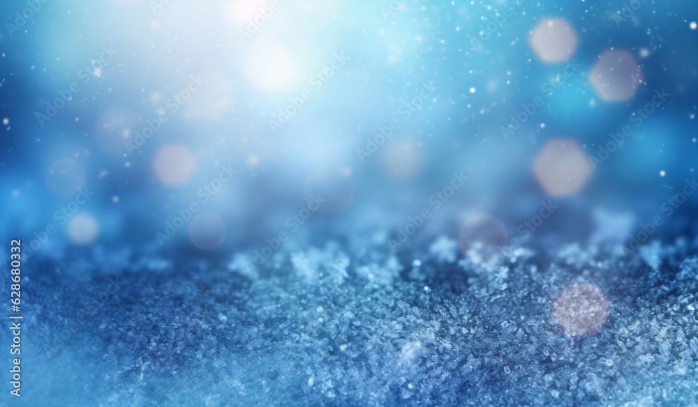 Aufkleber Generative AI : Beautiful Christmas background with with crystals of hoarfrost and snow closeup macro on a blue background Natural winter background