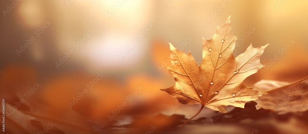 Poster Generative AI : Autumn background with golden leaves and beautiful blurred natural background Autumnal template for text with an orange leaf in the grass