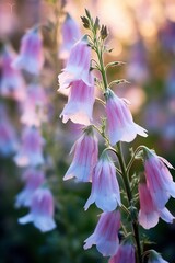 Generative AI : Beautiful bell flowers in nature in evening sunset closeup macro in in dark green and purple pink tones Gentle calm delightful artistic image of nature