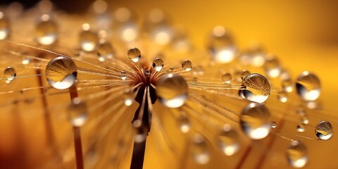 Generative AI : Dandelion Seeds in the drops of dew on a beautiful blurred background Dandelions on a beautiful golden yellow background Drops of dew sparkle on the dandelion