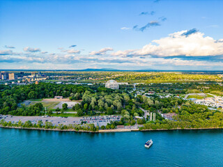 Fototapeta na wymiar Aerial drone shot of St. Lawrence River scenery and beautiful buildings