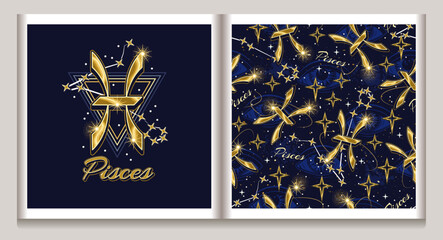 Pattern, label with gold icon of zodiac sign Pisces, constellation with stars, third eye, text, triangle as alchemical symbol of water element. Mystic esoteric concept. Vintage style.