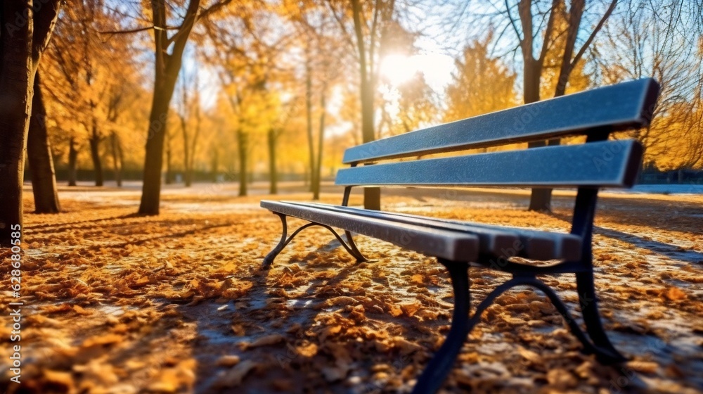 Poster generative ai : a beautiful autumn park with golden leaves of trees and a bench in the rays of sunli