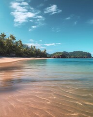 Generative AI : Beautiful morning view to famous Konyaalti beach Turquoise sea light wide beach greenery parks line mountains with white clouds bright blue sky create mood holiday and upcoming rest