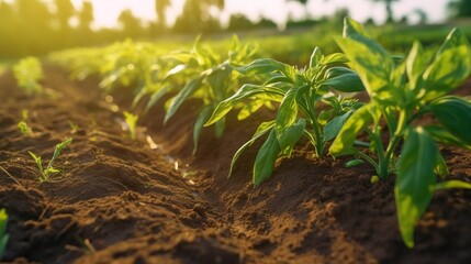 Generative AI : Concept of growing vegetable crops Young sweet bell pepper plants on the ground hand holds an empty nameplate garden shovel in a greenhouse against the sky Closeup macro