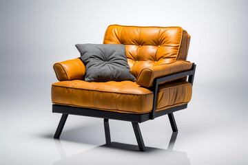 Tan brown leather armchair. Side view of modern armchair on white background. Created with generative AI.	