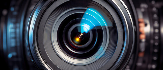 Video camera lens close up. 21 to 9 aspect ratio. Generative AI - obrazy, fototapety, plakaty