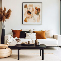 White sofa and black coffee table against white wall with art poster. Scandinavian boho home...