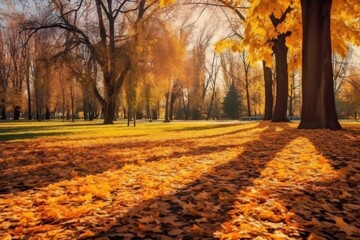 Fototapeta premium Generative AI : Beautiful autumn background landscape Carpet of fallen orange autumn leaves in park and blue umbrella Leaves fly in wind in sunlight Concept of Golden autumn
