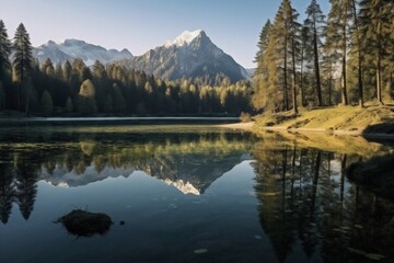 Generative AI : Amazingly beautiful summertime landscape with a mountain lake with emerald water surrounded by coniferous forests and majestic mountains