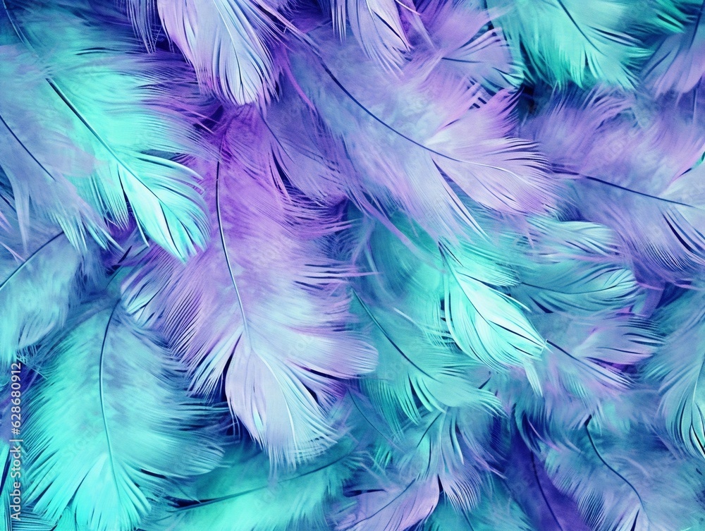 Poster generative ai : beautiful airy gentle natural background with turquoise and purple feathers macro