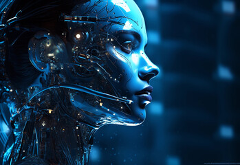 Captivating high-resolution image featuring a woman's face, intricately transformed into a cybernetic entity controlled by Artificial Intelligence. . Machine learning, AI (generated with AI)