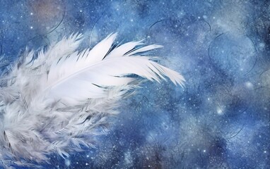 Generative AI : Creative Concept for Christmas and New Year Beautiful Christmas tree of feathers on blue and white ice background under snowfall Beautiful delicate gentle elegant artistic image Templa