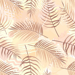Seamless pattern of tropical leaves of palm tree, Arecaceae leaf and brush shape. Exotic collection of plant and grunge texture. Hand drawn vector illustration for wallpaper, wrapping paper, fabric