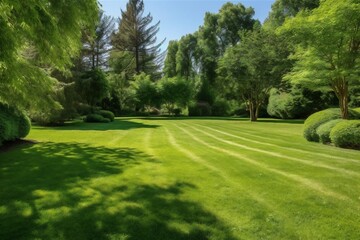 Generative AI : Beautiful manicured lawn and flowerbed with deciduous shrubs on plot or Park outdoor Green lawn closely mowed as grass background