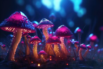 Close-up glowing mushrooms in ultra realistic style in purple and red lighting style.