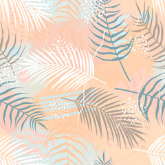 Fototapeta premium Seamless pattern of tropical leaves of palm tree, Arecaceae leaf and brush shape. Exotic collection of plant and grunge texture. Hand drawn vector illustration for wallpaper, wrapping paper, fabric