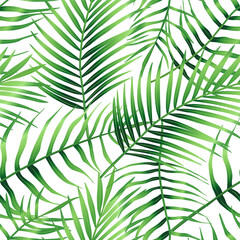 Naklejka premium Seamless pattern of tropical leaves of palm tree, Arecaceae leaf. Exotic collection of green plant. Hand drawn botanical vector illustration for greeting card, wallpaper, wrapping paper, fabric