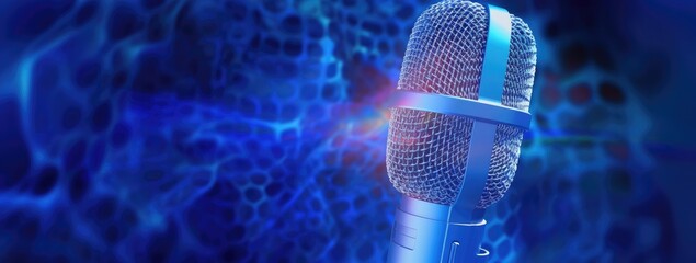 Image of a microphone with sound waves on a blue background. - obrazy, fototapety, plakaty
