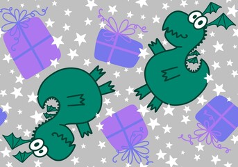 Cartoon animals dinosaur Christmas seamless dragon pattern for wrapping paper and kids clothes print