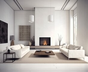 Fototapeta na wymiar White and wood-dominated living room with fireplace.