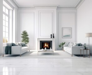 White and wood-dominated living room with fireplace.