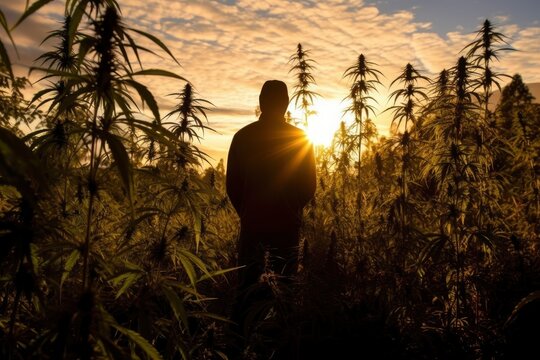 Close up of hemp farmer inspecting cannabis field at sunset
Created using generative AI tools
