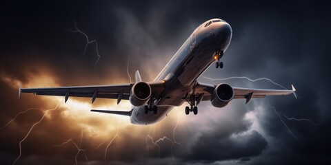 Naklejka na ściany i meble airplane in the sky, Airplane with Burning Turbine Inside a Dramatic Thunderstorm, Crashing Amidst Fiery Smoke and Flashing Lightning Strikes
