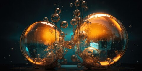 Golden bubbles in the form of rounded forms in the style of realistic oil on a dark background.