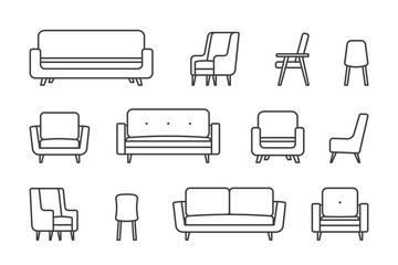 Cozy home interior design icons set. Interior furniture. Sofa, armchair, chair. Vector line illustration on white background