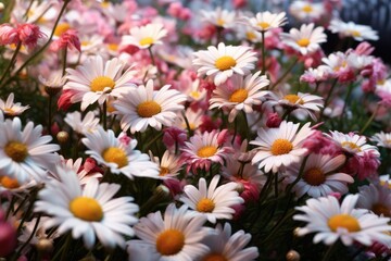 Aerial view of daisies in white and pink style on green grass.