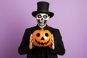Man in Halloween costume. Skeleton in black cloak and top hat standing isolated on light purple background