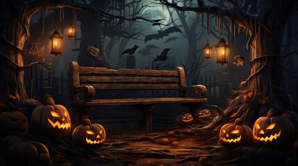 A spooky forest sunset with a haunted evil glowing eyes of Jack O' Lanterns on the left of a wooden bench on a scary halloween night Generative AI