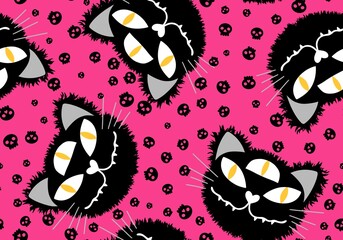 Halloween cartoon cats seamless pumpkins and ghost and monsters vampire pattern for fabrics and wrapping paper