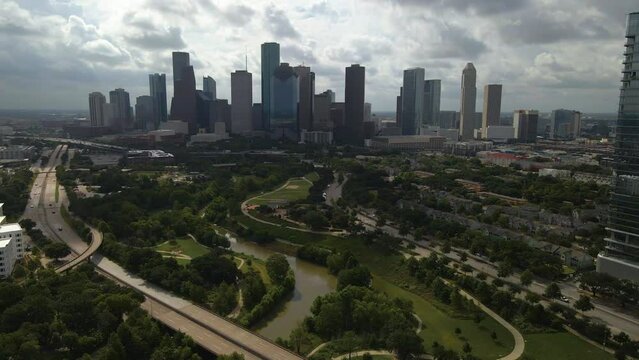 High Aerial Over Houston Texas With Highways And Skyline