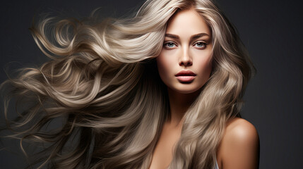 Fototapeta premium Beautiful blonde girl with very long well-groomed smooth hair. Develop. Advertisement for hairdresser, beauty salon, hair banner. AI generation