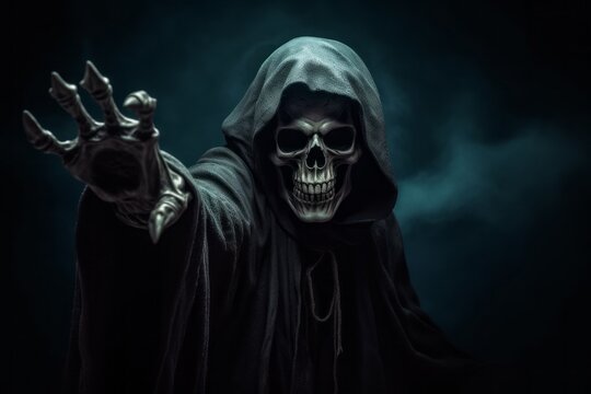 Death or Grim reaper reaches out to the person and approaches. The concept of fears and phobias. Halloween concept.