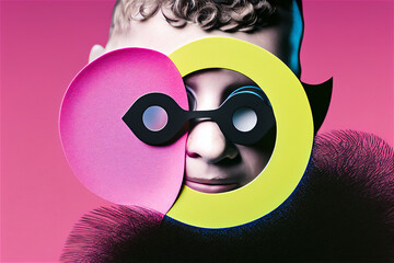 man in yellow white and black glasses has a picture of himself on a pink background, shiny eyes,...