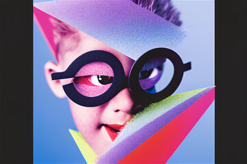 an eye catching poster of a boy wearing glasses, in the style of vibrant color compositions, three-dimensional effects, conceptual photography, juxtaposition of shapes, fujifilm pro 800z, close-up