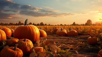 Naklejka na ściany i meble Thanksgiving - Ripe Pumpkins In Field At Sunset Generative AI