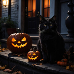 halloween background with black cat and pumpkin