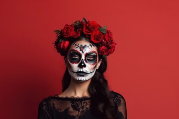 Studio shot of lovely woman wears halloween makeup, dressed in black outfit, red wreath, has zombie image, looks with scaring expression, isolated over rosy background, free space for your promotion