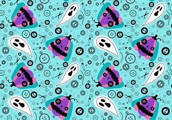 Halloween sewing monsters seamless pumpkins and ghost and buttons and scissors pattern for fabrics